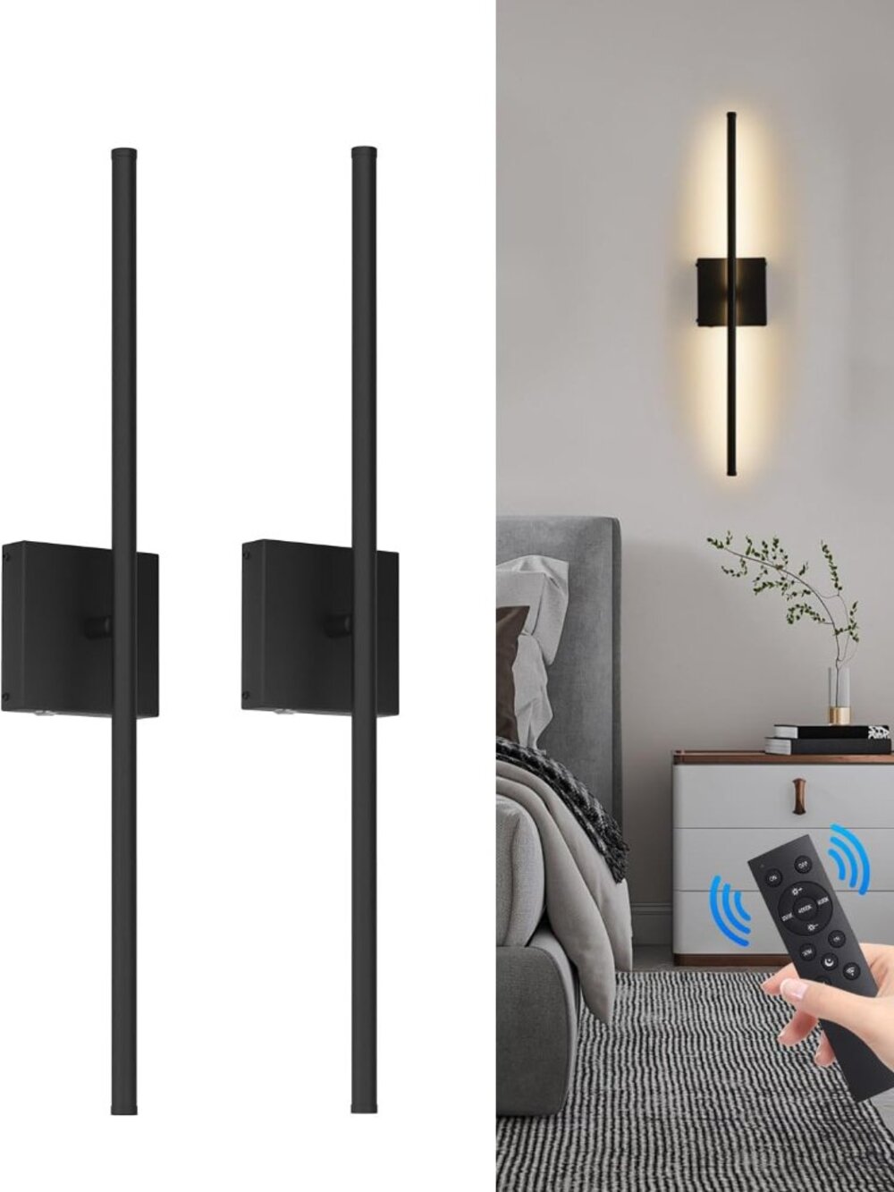 WALL LIGHT SCONCE - Set of 2 - NEW // Wireless Remote Control LED Bedroom Lamp